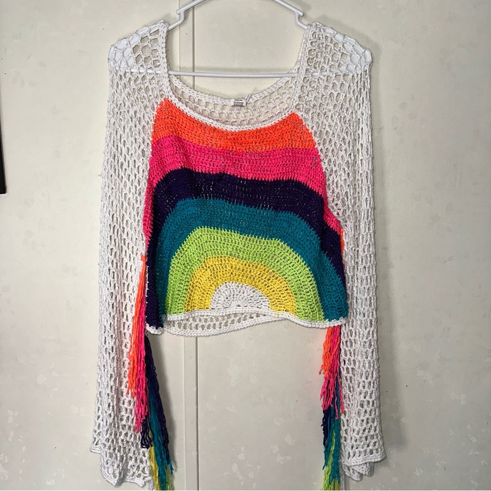 Women’s cropped crochet rainbow top size small